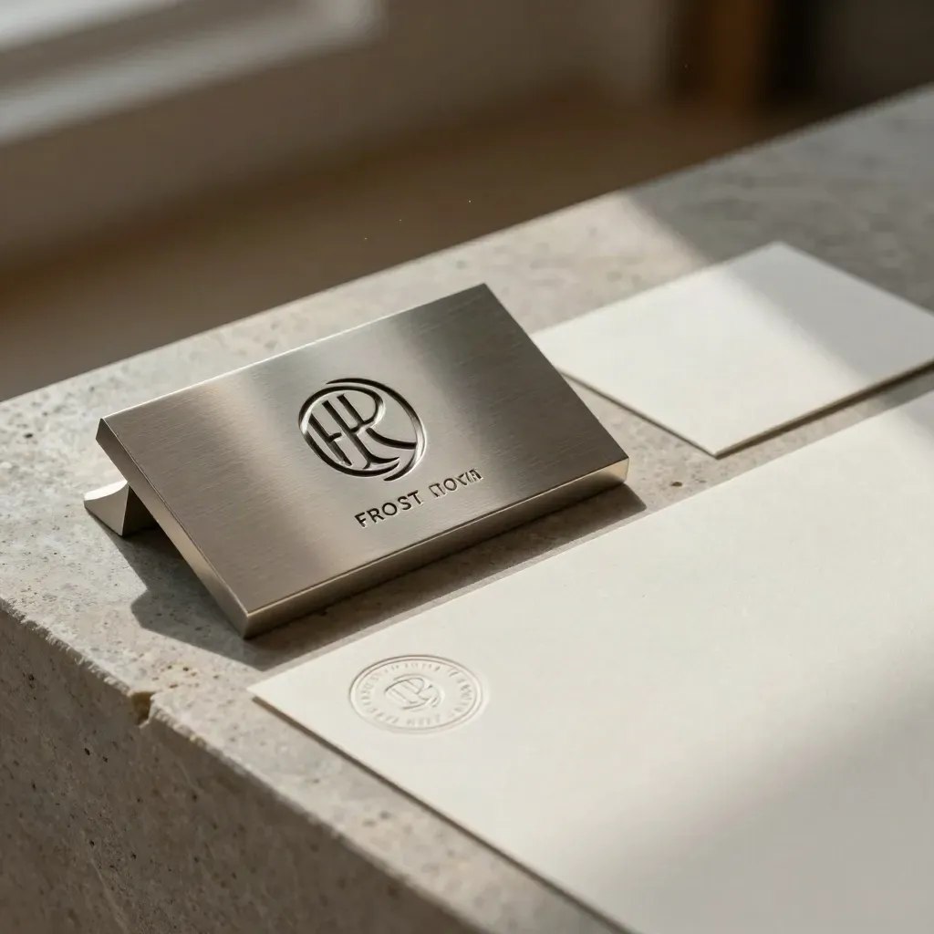 Embossed logo plaque, stationery sleeves, and brand seal on a stone plinth in warm light
