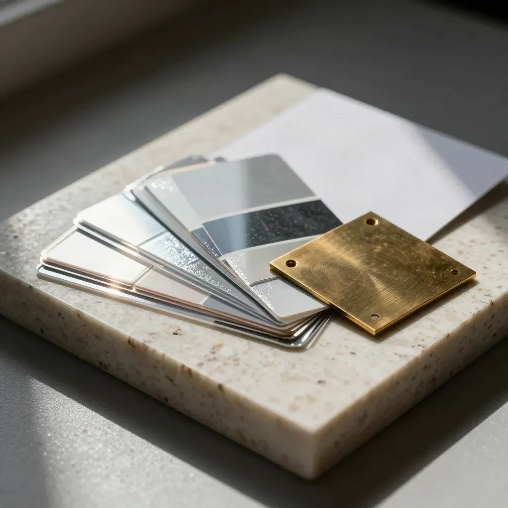 Acetate overlays, foil swatches, color chips, and a brass square on travertine.