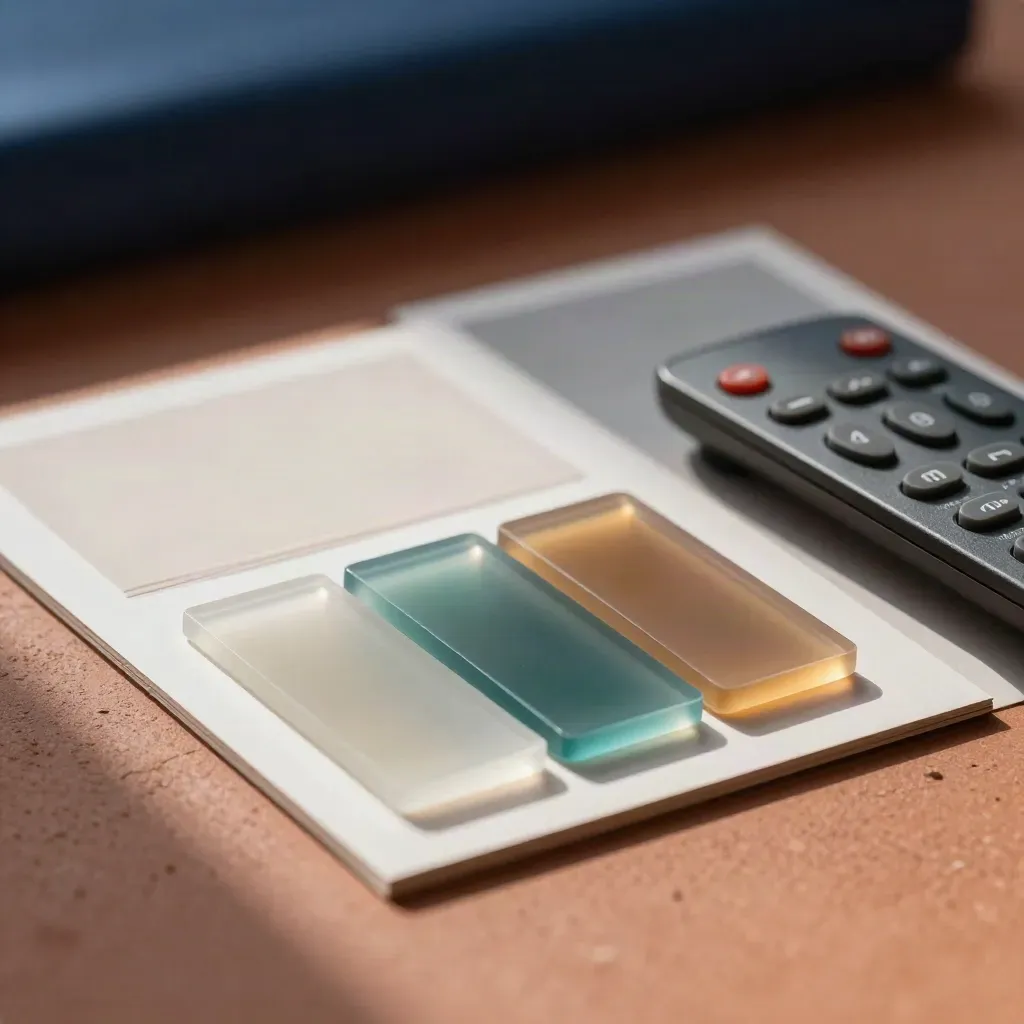 Motion designer tools: glowing gel swatches, frame cards, matte remote and LED bar on clay.