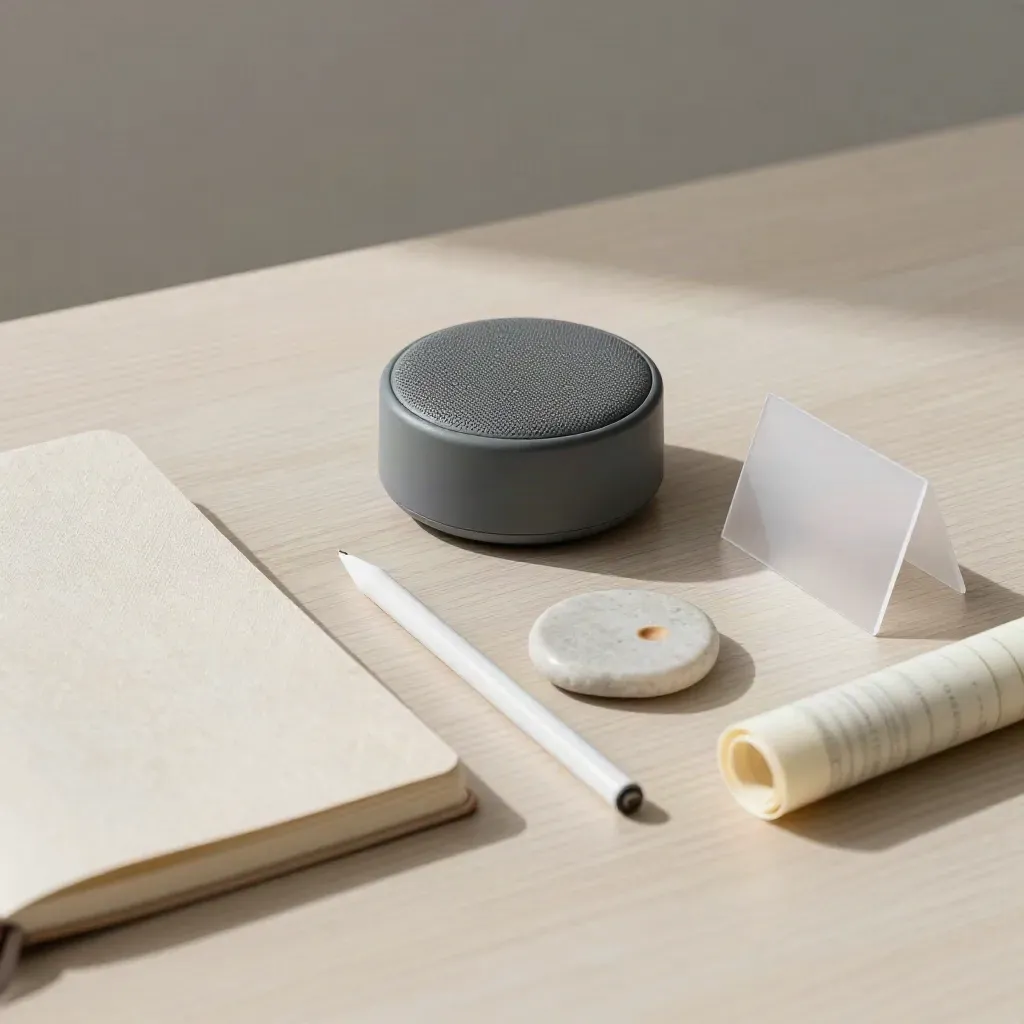 Speakerphone puck with notebook, coaster, stylus and rolled tube on pale wood.