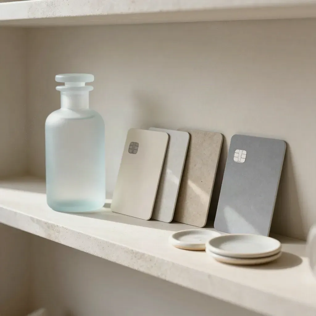 Frosted sample bottle with chip cards and ceramic swatches on a plaster shelf
