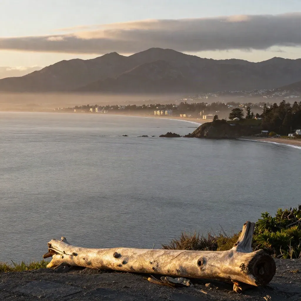 North Shore mountains over English Bay at sunset with hazy calm water