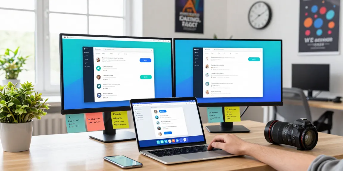 Engaging workspace showcasing Telegram Web Version on laptop with colorful chat displays and productivity elements.